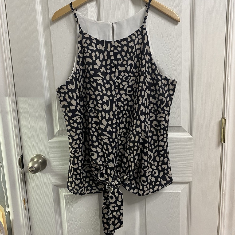 Womens Strappy Top Black/Cream Shirt Leopard Sz. L Sleeveless Tank Waist Tie